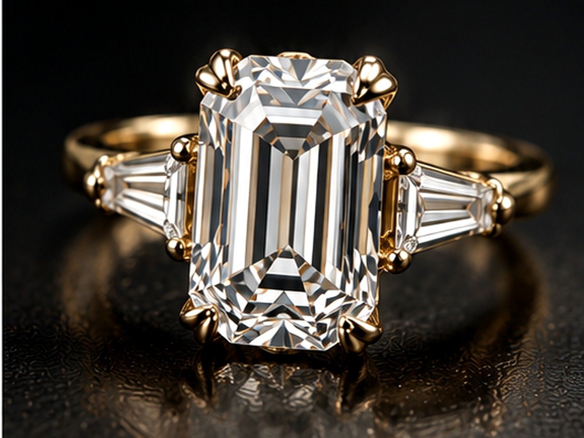 Emerald-cut diamond ring render